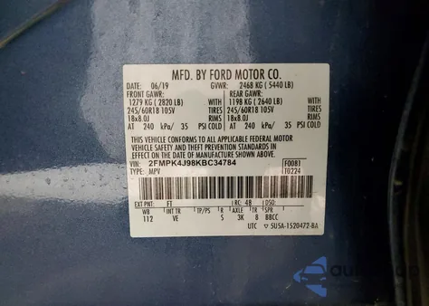 2019 Ford Edge Sel from USA, damaged, VIN 2FMPK4J98KBC34784